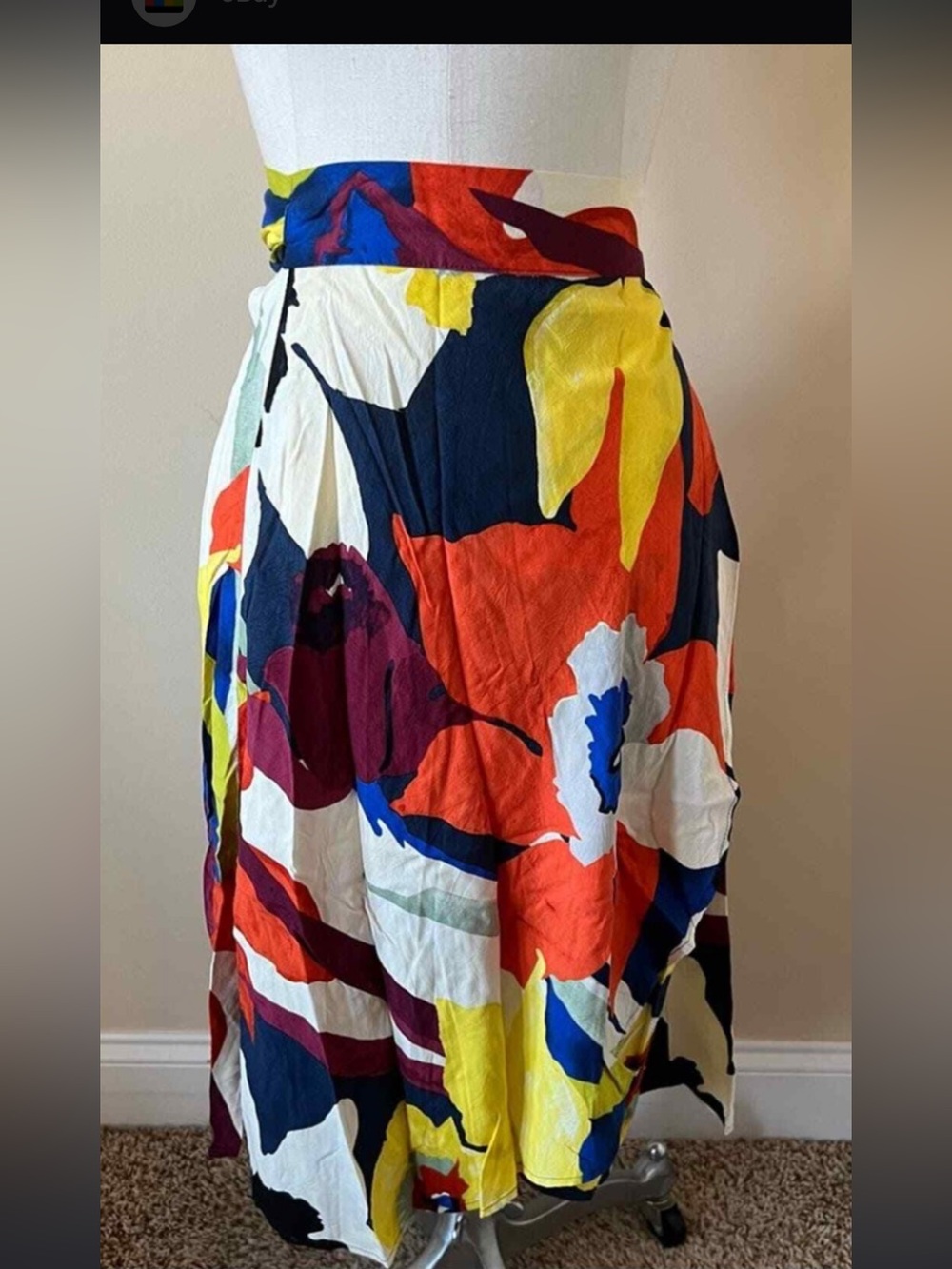 Jams World Multicolor Abstract Floral Midi Skirt — Red, Yellow, Navy & White